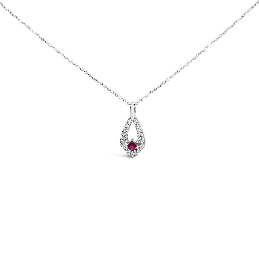 .925 Sterling Silver Created Red Ruby and White Sapphire Pear Shaped Pendant Necklace - 18" Inches-0