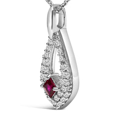 .925 Sterling Silver Created Red Ruby and White Sapphire Pear Shaped Pendant Necklace - 18" Inches-2