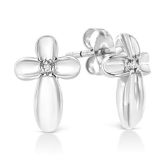 .925 Sterling Silver Prong Set Diamond Accent Floral Cross Stud Earring (I-J Color, I1-I2 Clarity)-2