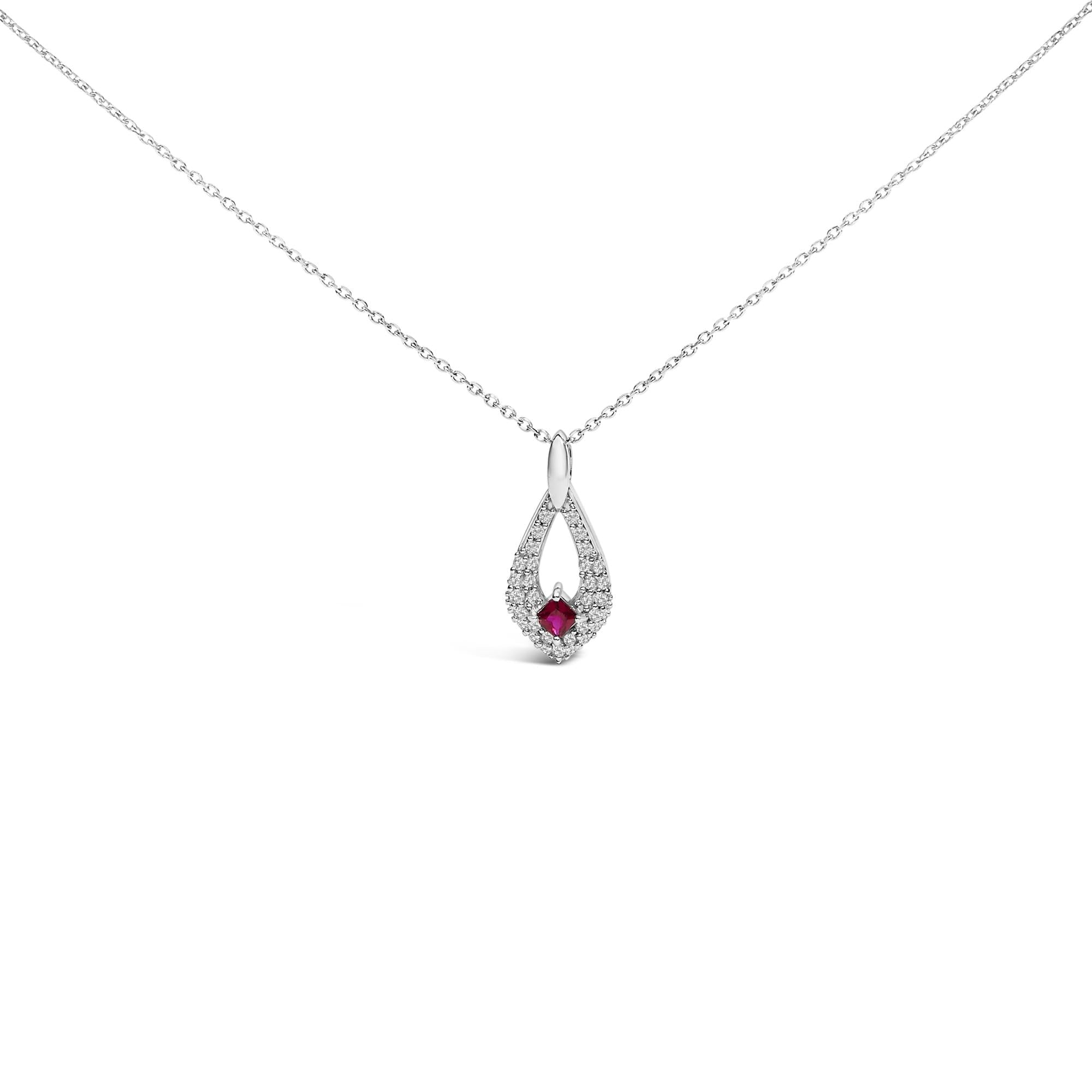 .925 Sterling Silver Created Red Ruby and White Sapphire Pear Shaped Pendant Necklace - 18" Inches-0