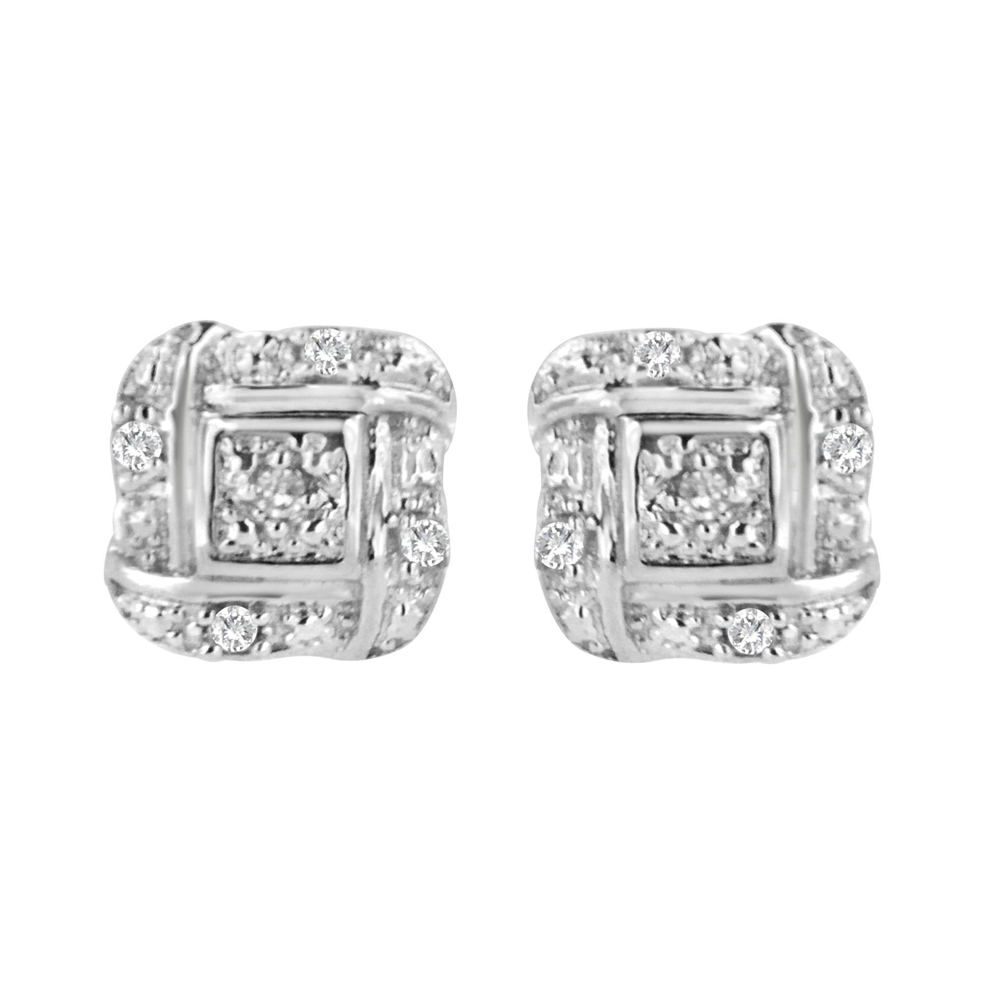 Sterling Silver Round Cut Diamond Square Stud Earrings (0.04 cttw, H-I Color, I2-I3 Clarity)-0