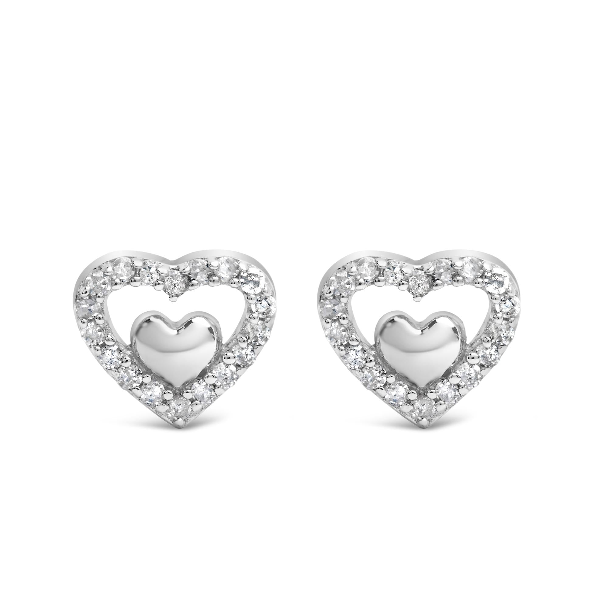 925 Sterling Silver 1/6 Cttw Diamond Open Double Heart Stud Earrings - Choice of Diamond Color-0