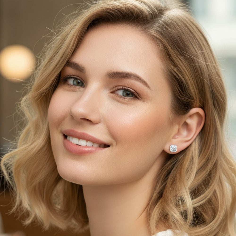 Sterling Silver Round Cut Diamond Square Stud Earrings (0.04 cttw, H-I Color, I2-I3 Clarity)