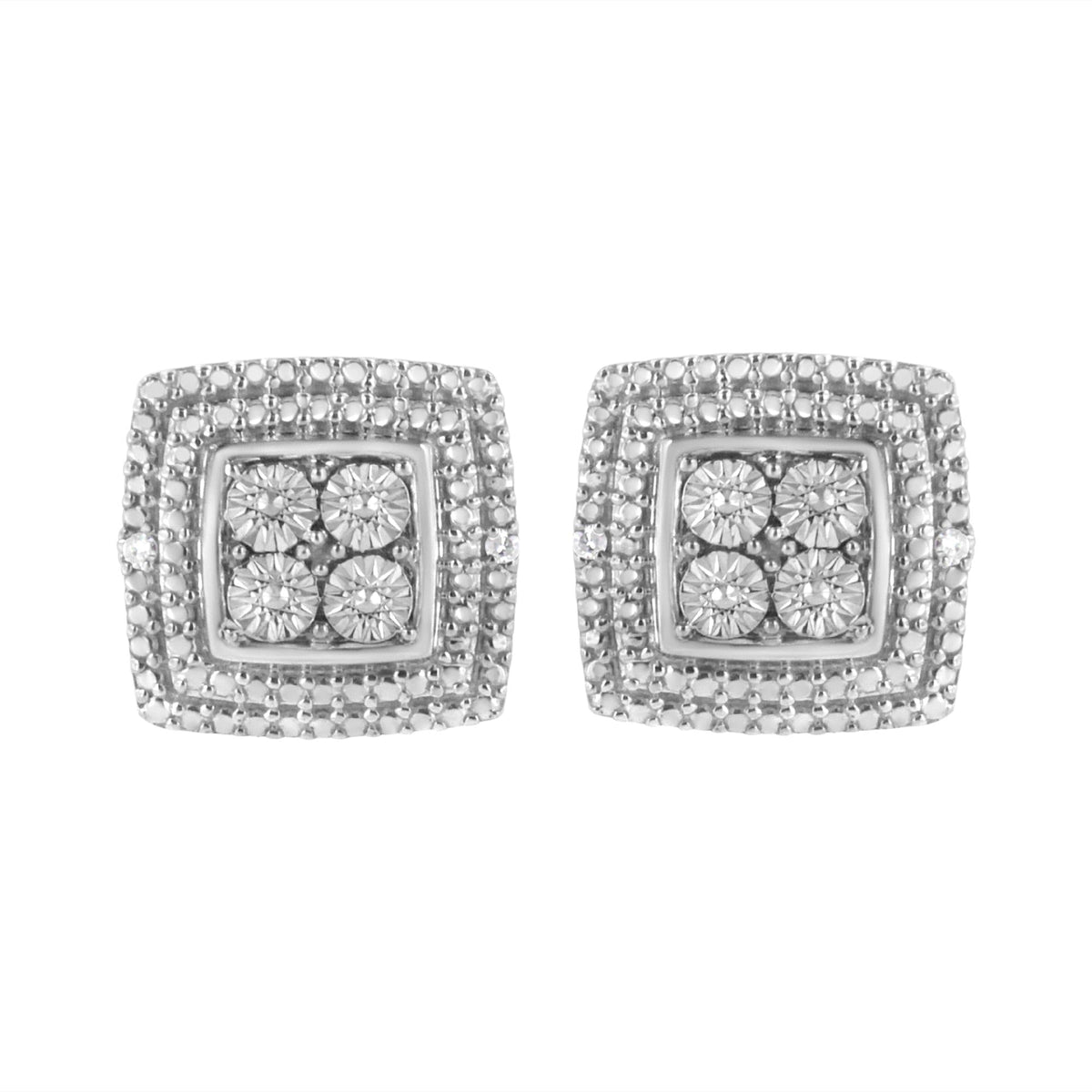 .925 Sterling Silver Diamond Accented Square Shaped Milgrain Stud Earrings (I-J Clarity, I3 Color)-2