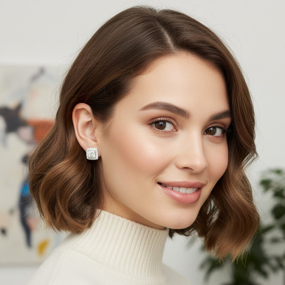 .925 Sterling Silver Diamond Accented Square Shaped Milgrain Stud Earrings (I-J Clarity, I3 Color)