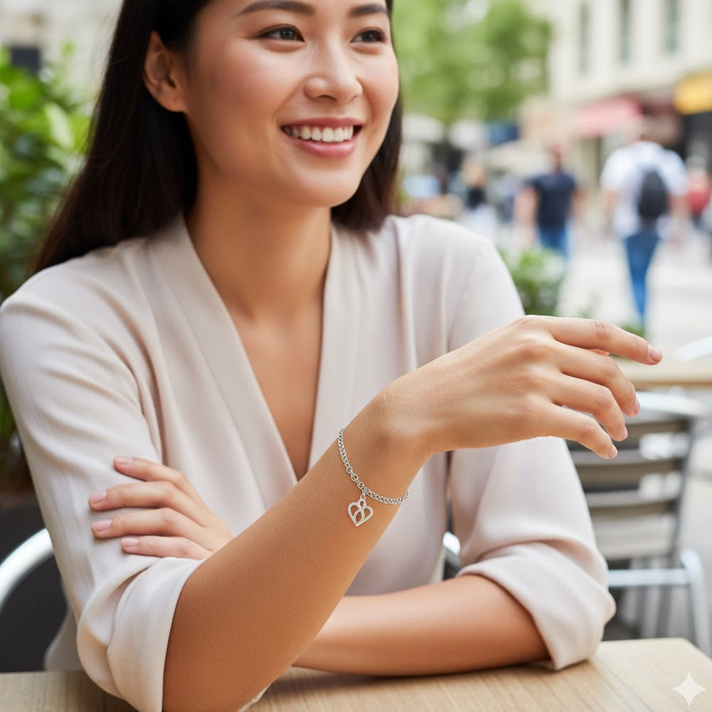 .925 Sterling Silver Open Heart with Center Vertical Infinity Chain Charm Bracelet - Size 7"