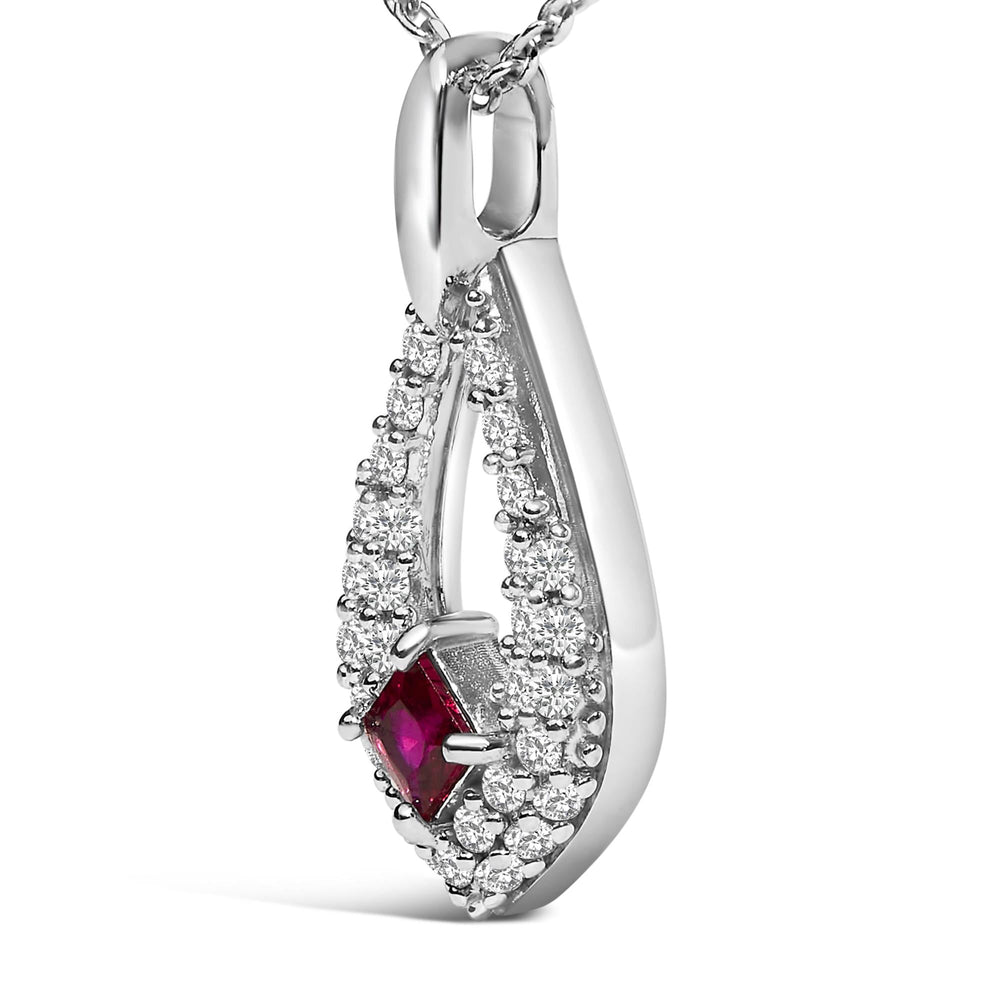 .925 Sterling Silver Created Red Ruby and White Sapphire Pear Shaped Pendant Necklace - 18" Inches-2