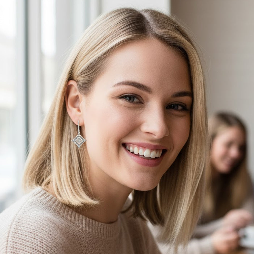 14K Rose Gold Plated .925 Sterling Silver Round-Cut Diamond Accent Dangle Rhombus Earrings (H-I Color, I2-I3 Clarity)