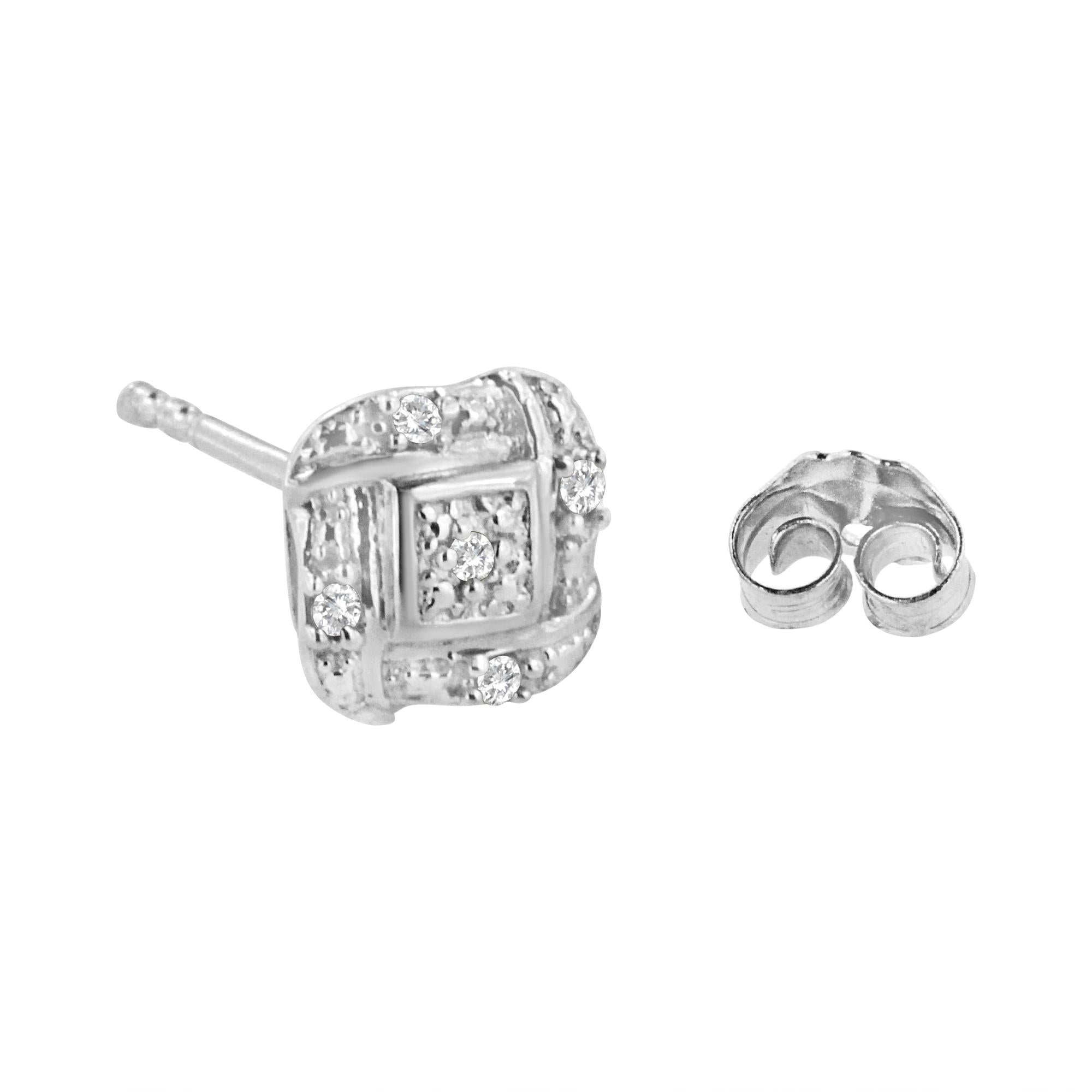 Sterling Silver Round Cut Diamond Square Stud Earrings (0.04 cttw, H-I Color, I2-I3 Clarity)-3